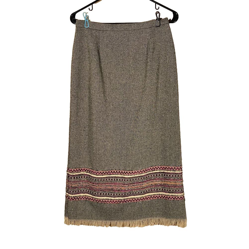 Sag Harbor Wool Blend Pencil Skirt Fringe Boho Artsy Embroidered Modest Sz 8